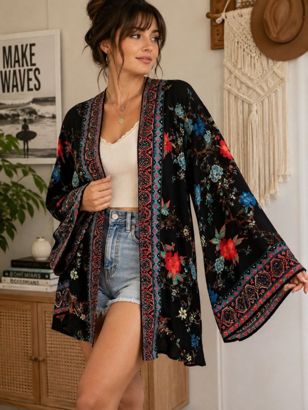 Flying Tomato M/L Boho Floral Kimono Cardigan Embroidered Bell Sleeve